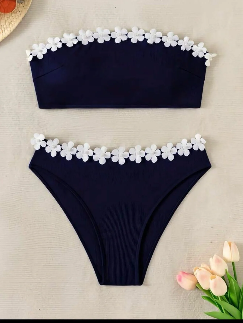 Women’s Navy Blue Bandeau Bikini with White Floral Trim XL - Picture 3 of 9